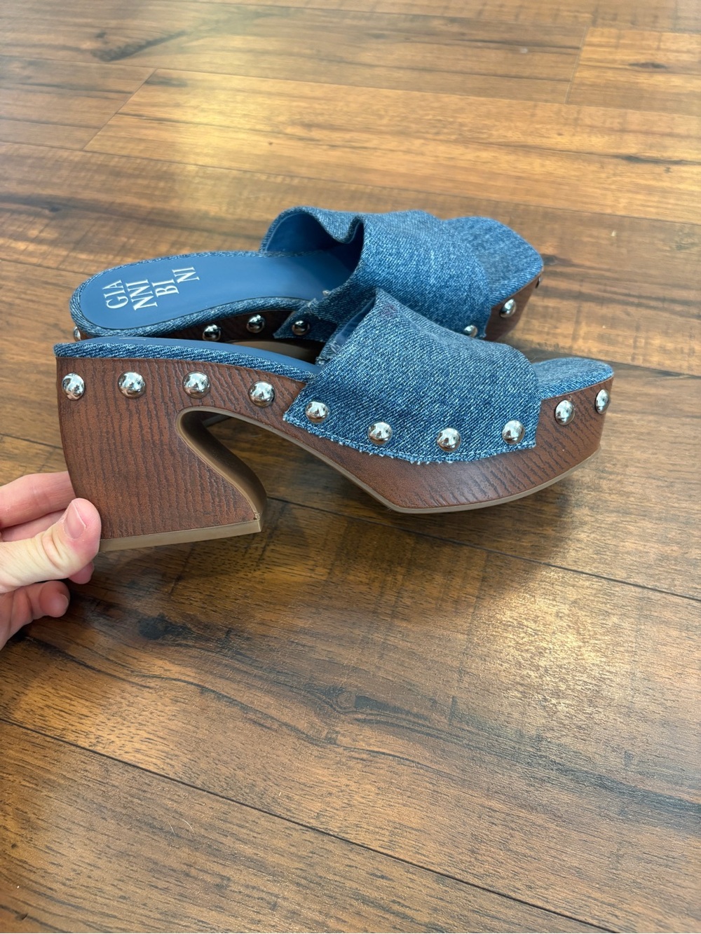 Gianni Bini Denim Platform Block Heels Silver Studs Western Women’s 7